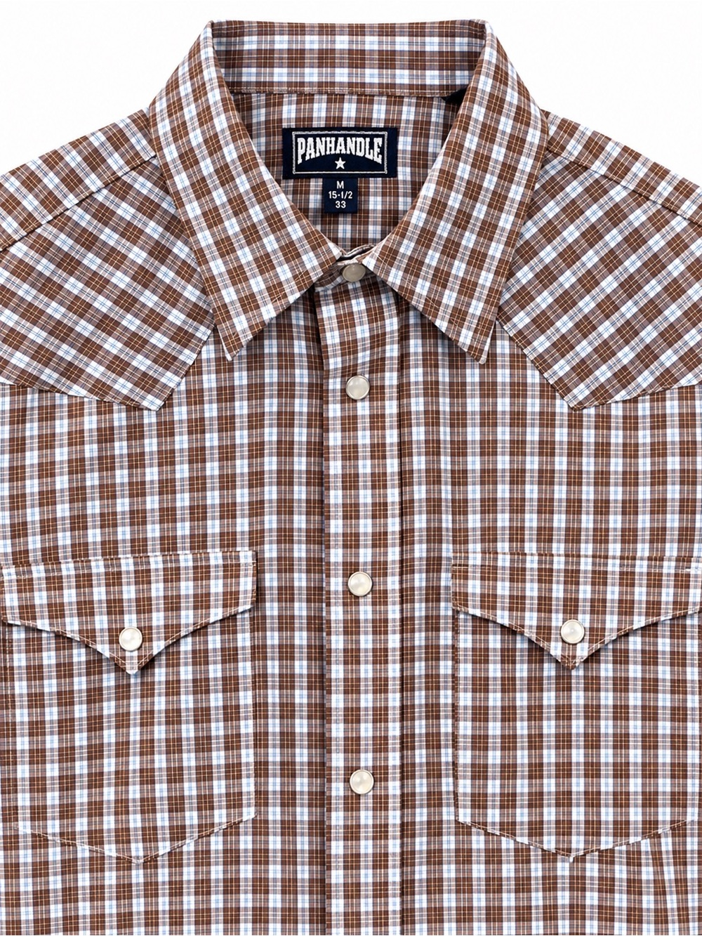 Panhandle Western Shirt Men’s Medium Brown Blue Plaid Pearl Snap Long Sleeve
